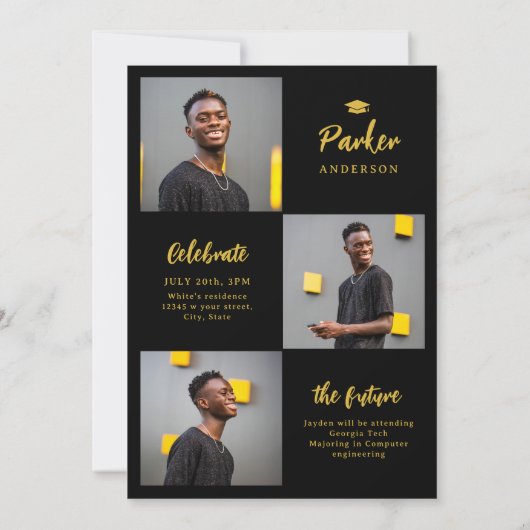 Zwart & Goud Modern Script Foto Afstuderen Kaart (Achterkant)