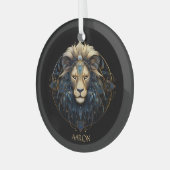 Zwart Goud Modern Script Lion Star Sign Leo Glas Ornament (Voorkant links)