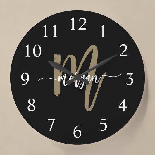 Zwart Goud Modern Script Monogram Naam Grote Klok