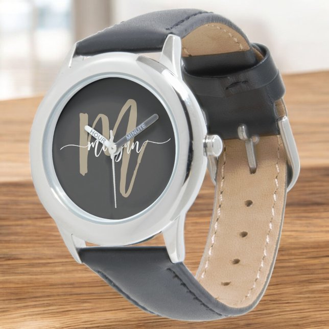 Zwart Goud Modern Script Monogram Naam Horloge (Creator heeft geüpload)