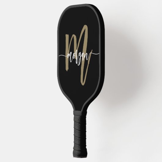 Zwart Goud Modern Script Monogram Naam Pickleball Paddle (Links)