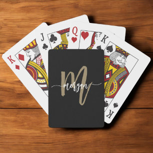Zwart Goud Modern Script Monogram Naam Pokerkaarten