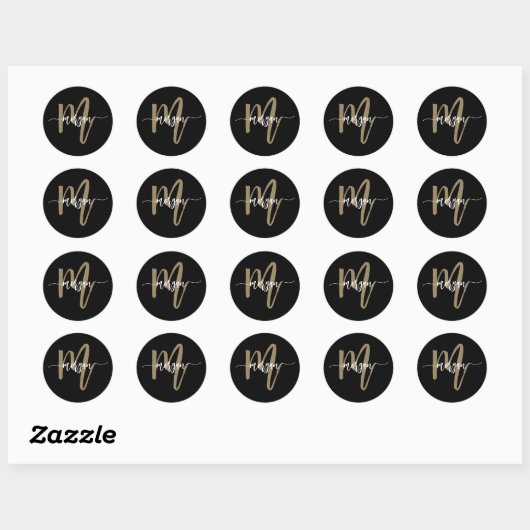 Zwart Goud Modern Script Monogram Naam Ronde Sticker (Vel)
