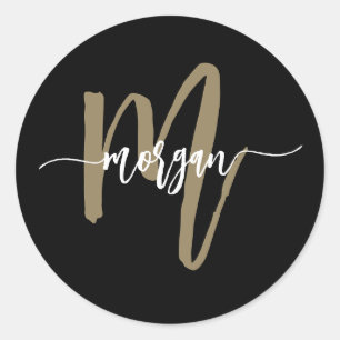 Zwart Goud Modern Script Monogram Naam Ronde Sticker
