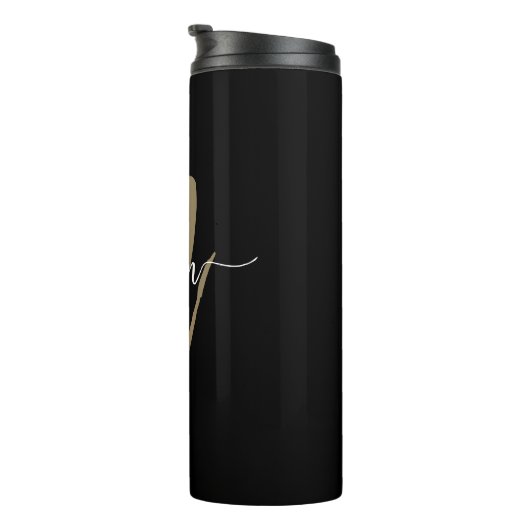 Zwart Goud Modern Script Monogram Naam Thermosbeker (Geroteerd rechts)