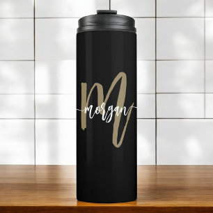 Zwart Goud Modern Script Monogram Naam Thermosbeker