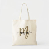 Zwart Goud Modern Script Monogram Naam Tote Bag (Voorkant)