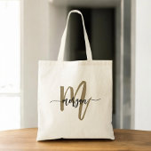Zwart Goud Modern Script Monogram Naam Tote Bag