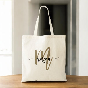 Zwart Goud Modern Script Monogram Naam Tote Bag