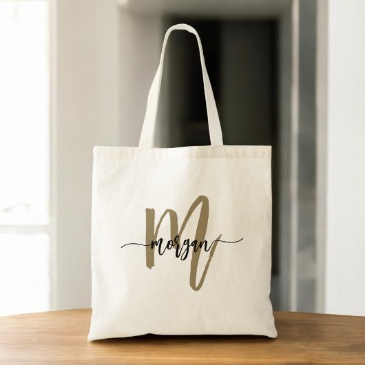 Zwart Goud Modern Script Monogram Naam Tote Bag