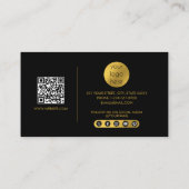 Zwart Goud Modern Script QR Code Social Media B Visitekaartje (Achterkant)