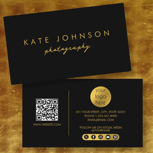 Zwart Goud Modern Script QR Code Social Media B Visitekaartje