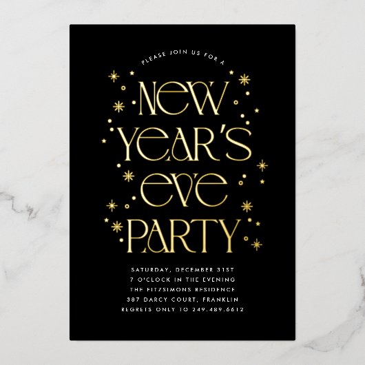 Zwart Goud Modern Sparkling Oud en Nieuw Feest Folie Uitnodiging (Voorkant)