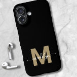 Zwart Goud Modern Vrouwelijk Script Naam Monogram iPhone 16 Hoesje<br><div class="desc">Gepersonaliseerde Goud en Zwart Script Initiaal Monogram Telefoonhoes. Voeg een vleugje luxe en elegantie toe aan uw telefoon met deze gepersonaliseerde telefoonhoes. Met een strakke zwarte achtergrond, een gedurfd gouden initiaal (let op: het goud is een vlakke kleur zonder glinstering) en een vloeiende witte scriptnaam, combineert dit ontwerp sophisticatie met...</div>