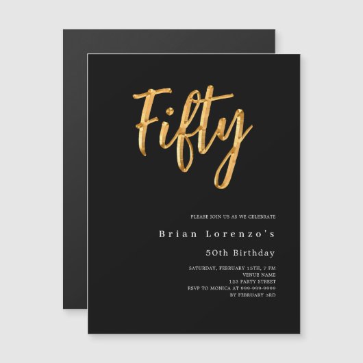 Zwart goud moderne 50e verjaardag luxe magnetische uitnodiging (Voorkant / Achterkant)