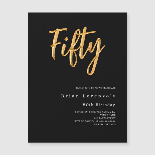 Zwart goud moderne 50e verjaardag luxe magnetische uitnodiging (Voorkant)