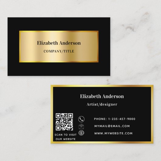Zwart goud moderne elegant QR-code Visitekaartje (Voorkant / Achterkant)