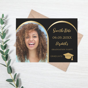 Zwart goud moderne foto boog Graduation Party Save The Date