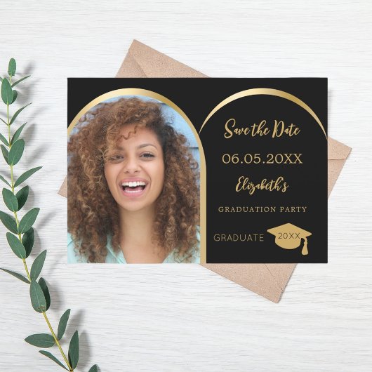 Zwart goud moderne foto boog Graduation Party Save The Date