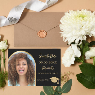 Zwart goud moderne foto boog Graduation Party Save The Date