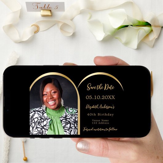 Zwart goud moderne foto boog Verjaardag Save The Date