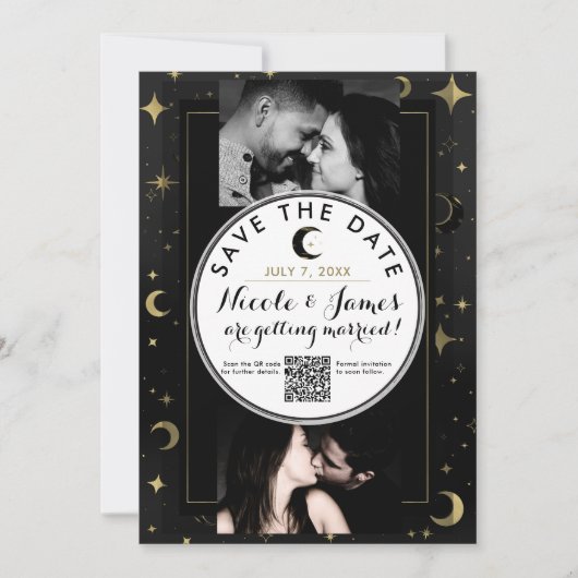 Zwart & Goud Moderne Hemelse Maan Bewaar de Datum (Voorkant)