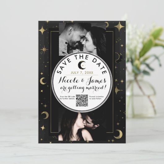 Zwart & Goud Moderne Hemelse Maan Bewaar de Datum (Staand voorkant)