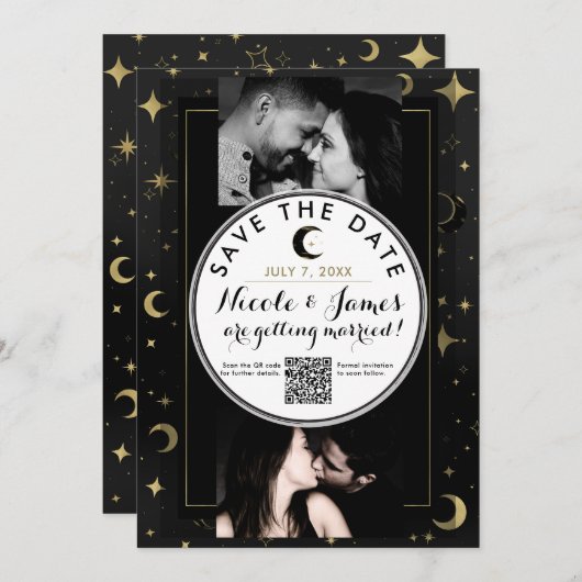 Zwart & Goud Moderne Hemelse Maan Bewaar de Datum (Voorkant / Achterkant)