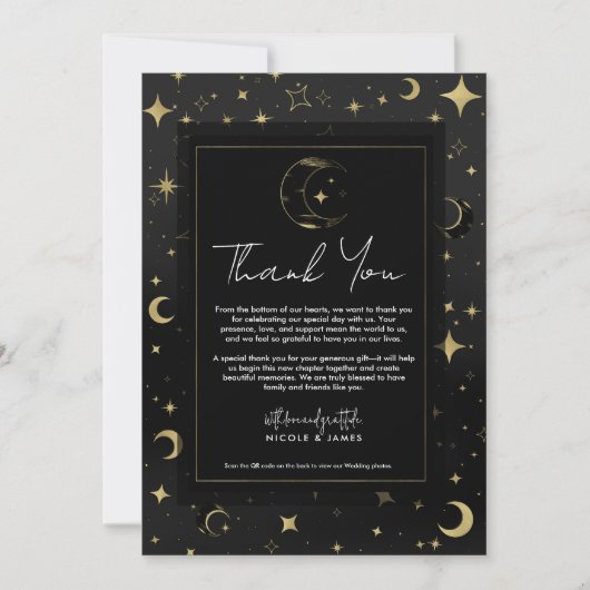 Zwart & Goud Moderne Hemelse Maan Sterren Dank U Kaart (Voorkant)