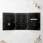 Zwart & Goud Moderne Hemelse Maan Sterren Trouwen Drieluik Uitnodiging (Binnen)