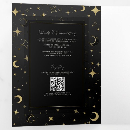 Zwart & Goud Moderne Hemelse Maan Sterren Trouwen Drieluik Uitnodiging (Binnenzijde eerst)