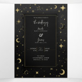 Zwart & Goud Moderne Hemelse Maan Sterren Trouwen Drieluik Uitnodiging (Binnenkant midden)
