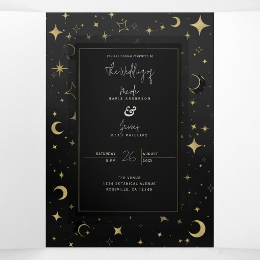Zwart & Goud Moderne Hemelse Maan Sterren Trouwen Drieluik Uitnodiging (Binnenkant midden)
