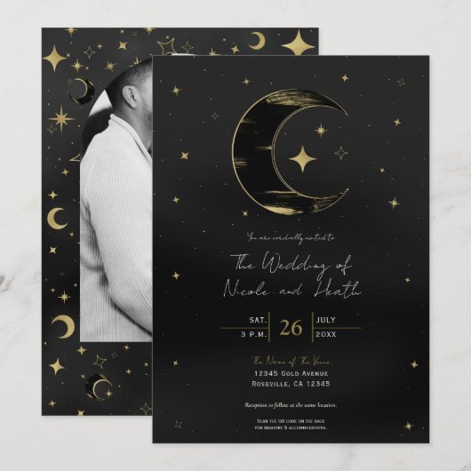 Zwart & Goud Moderne Hemelse Maan Sterren Trouwen Kaart (Voorkant / Achterkant)