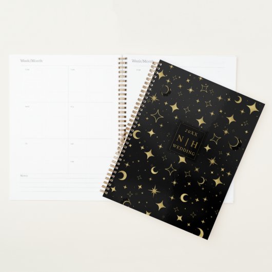 Zwart & Goud Moderne Hemelse Maan Sterren Trouwen Planner (Display)