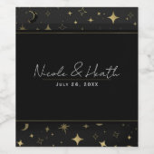 Zwart & Goud Moderne Hemelse Maan Sterren Trouwen Wijn Etiket (Enkel label)