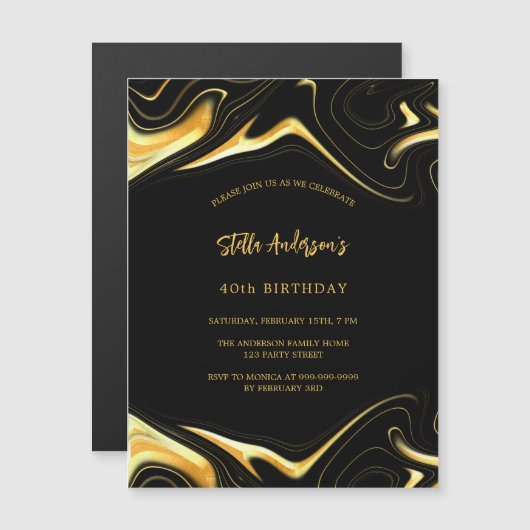 Zwart goud moderne luxe verjaardag magnetische uitnodiging (Voorkant / Achterkant)