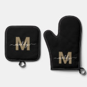 Zwart Goud Moderne naam Monogram Ovenwant & Pannenlap Set (Voorkant)