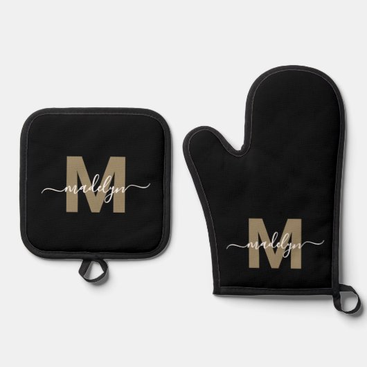 Zwart Goud Moderne naam Monogram Ovenwant & Pannenlap Set (Voorkant)