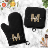 Zwart Goud Moderne naam Monogram Ovenwant & Pannenlap Set