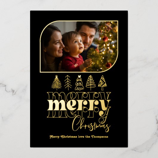 Zwart & Goud moderne retro-doodle-kerstfoto Folie Feestdagenkaart (Voorkant)