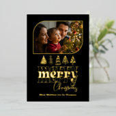 Zwart & Goud moderne retro-doodle-kerstfoto Folie Feestdagenkaart (Staand Voorkant)