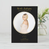 Zwart & Goud Moderne Ronde Foto Afstudeerfeest Kaart (Staand voorkant)