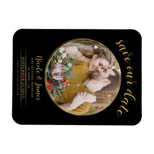 Zwart & Goud Moderne Ronde Foto Save the Date Magneet (Horizontaal)