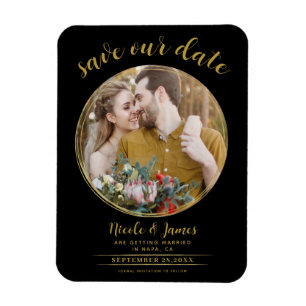 Zwart & Goud Moderne Ronde Foto Save the Date Magneet