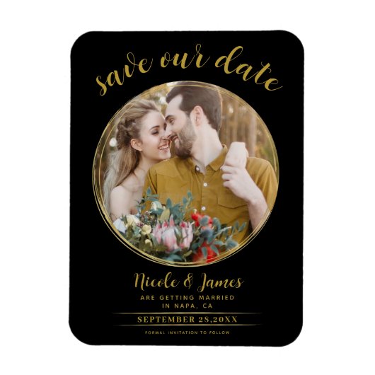 Zwart & Goud Moderne Ronde Foto Save the Date Magneet (Verticaal)