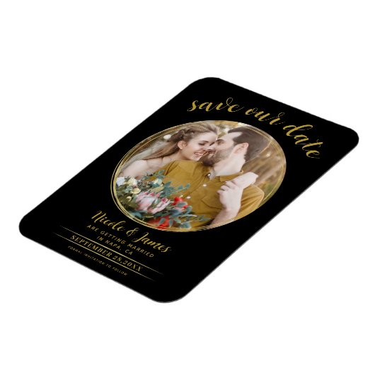 Zwart & Goud Moderne Ronde Foto Save the Date Magneet (Linkerzijde)