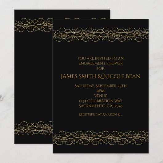 Zwart & Goud Moderne Spiraal Elegante Uitnodiging (Voorkant / Achterkant)