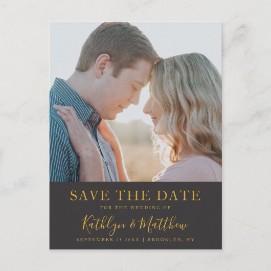 Zwart Goud Moderne Typografie Eenvoudige foto brui Aankondigingskaart (Voorkant)