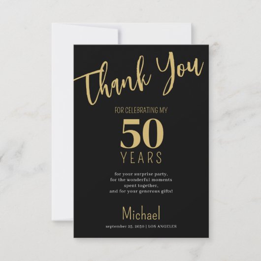 Zwart goud moderne typografie mijlpaal verjaardag bedankkaart (Voorkant)